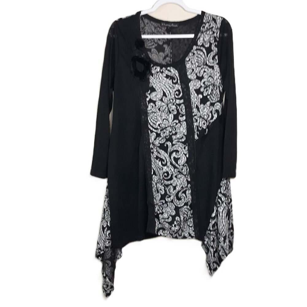 Pretty Angel Whimsigoth Black 3-D Flower Tunic Asymmetrical Top Linen Blend
